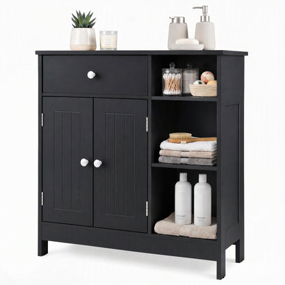 Bathroom Floor Storage Cabinet with Doors Drawer and Adjustable Shelves-Black