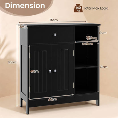 Bathroom Floor Storage Cabinet with Doors Drawer and Adjustable Shelves-Black