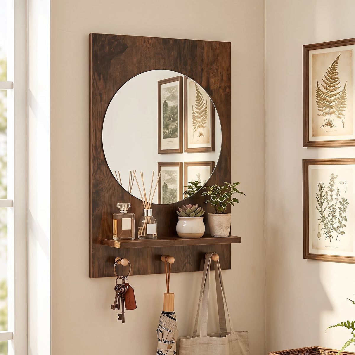 Bathroom Mirror with Storage Shelf and Hanging Hooks for Bath-Rustic Brown
