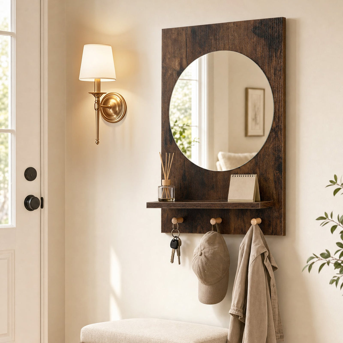 Bathroom Mirror with Storage Shelf and Hanging Hooks for Bath-Rustic Brown