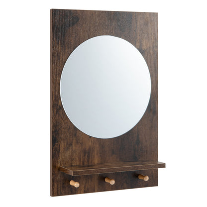 Bathroom Mirror with Storage Shelf and Hanging Hooks for Bath-Rustic Brown