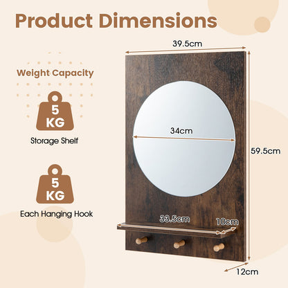 Bathroom Mirror with Storage Shelf and Hanging Hooks for Bath-Rustic Brown