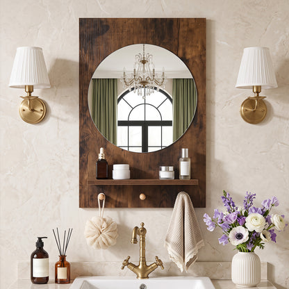 Bathroom Mirror with Storage Shelf and Hanging Hooks for Bath-Rustic Brown