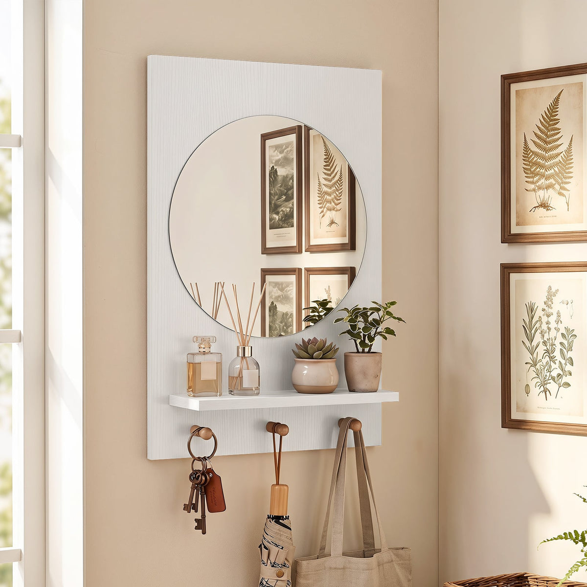 Bathroom Mirror with Storage Shelf and Hanging Hooks for Bath-White