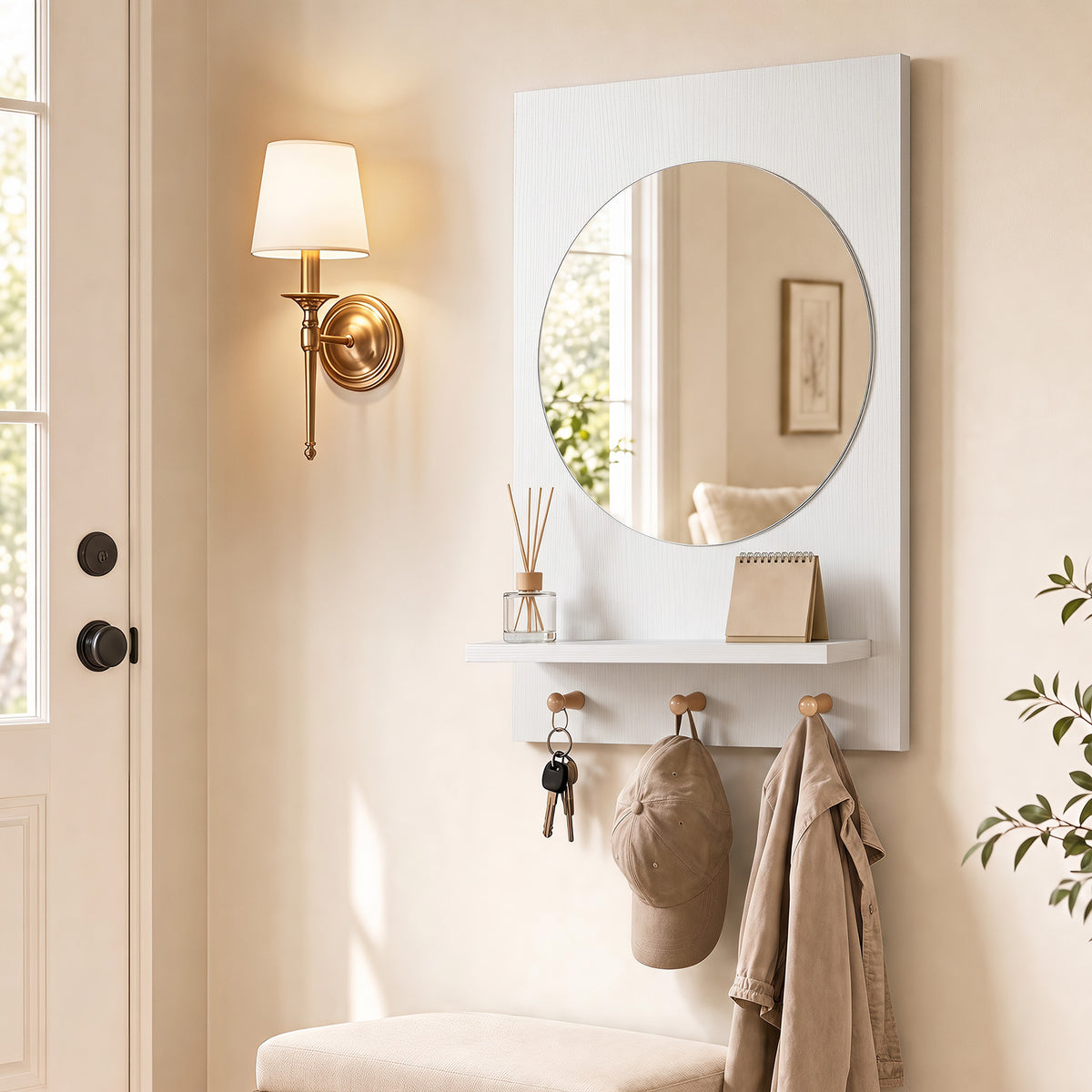 Bathroom Mirror with Storage Shelf and Hanging Hooks for Bath-White
