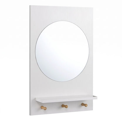 Bathroom Mirror with Storage Shelf and Hanging Hooks for Bath-White