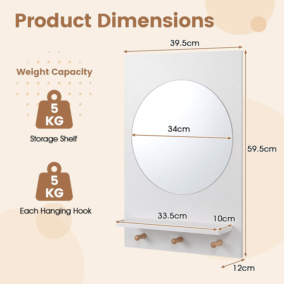 Bathroom Mirror with Storage Shelf and Hanging Hooks for Bath-White
