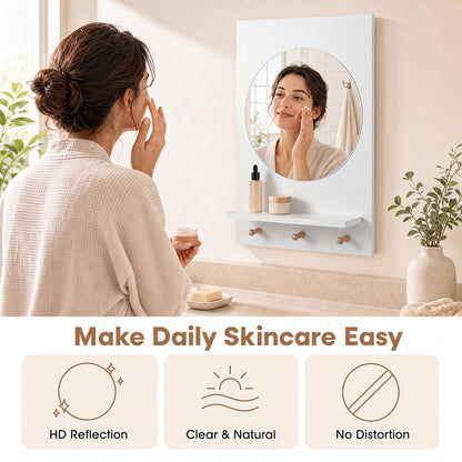 Bathroom Mirror with Storage Shelf and Hanging Hooks for Bath-White