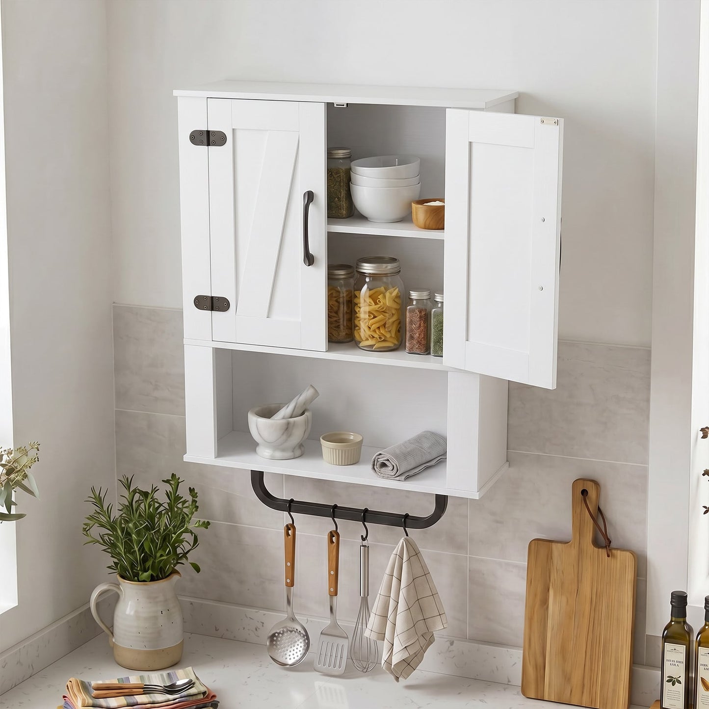 Bathroom Wall Cabinet Farmhouse Wall Mounted Organizer with 2 Barn Doors-White