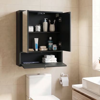 Bathroom Wall Cabinet with 2 Mirrored Doors & Flip-Down Door for Storage-Black