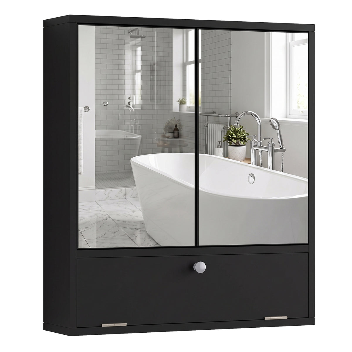 Bathroom Wall Cabinet with 2 Mirrored Doors & Flip-Down Door for Storage-Black