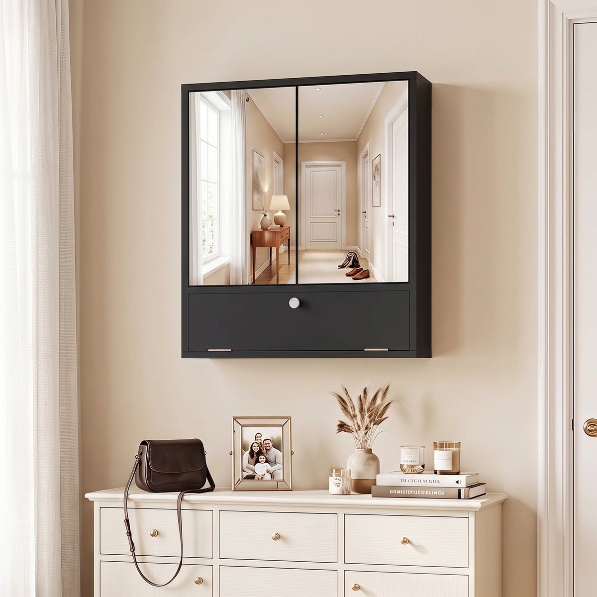 Bathroom Wall Cabinet with 2 Mirrored Doors & Flip-Down Door for Storage-Black