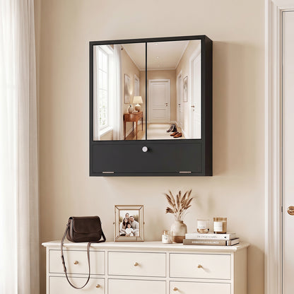 Bathroom Wall Cabinet with 2 Mirrored Doors & Flip-Down Door for Storage-Black