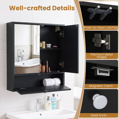 Bathroom Wall Cabinet with 2 Mirrored Doors & Flip-Down Door for Storage-Black