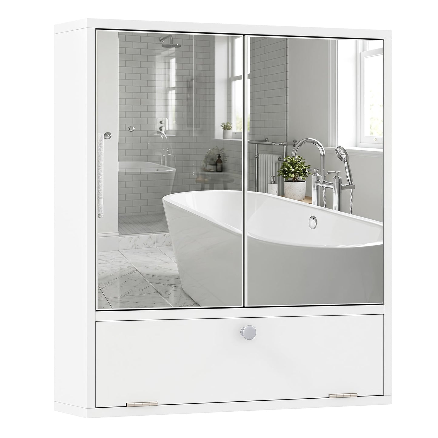 Bathroom Wall Cabinet with 2 Mirrored Doors & Flip-Down Door for Storage-White