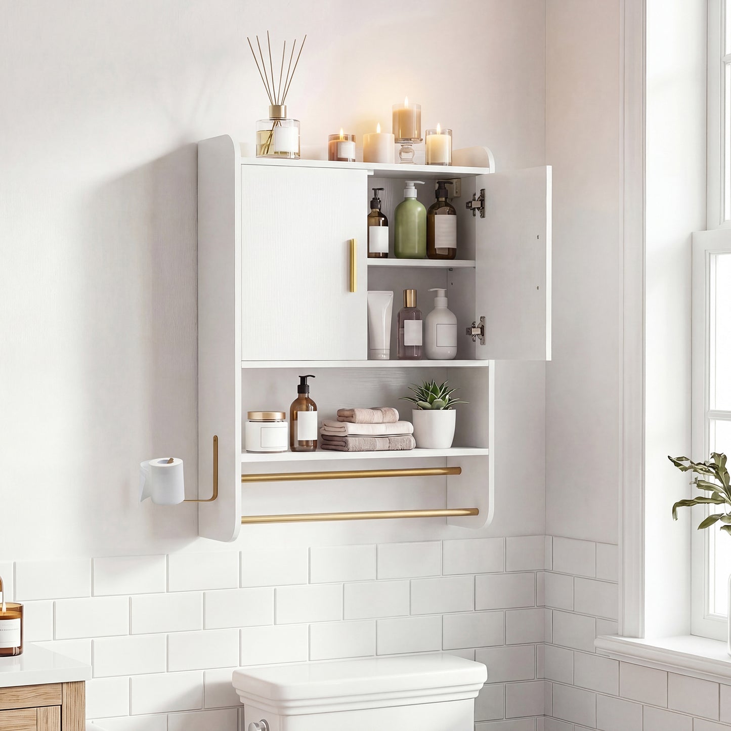 Bathroom Wall Cabinet with Open Shelves and Adjustable Shelf-White