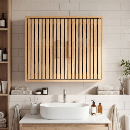 Bathroom Wall Cabinet with Slatted Doors and Adjustable Shelves-Natural