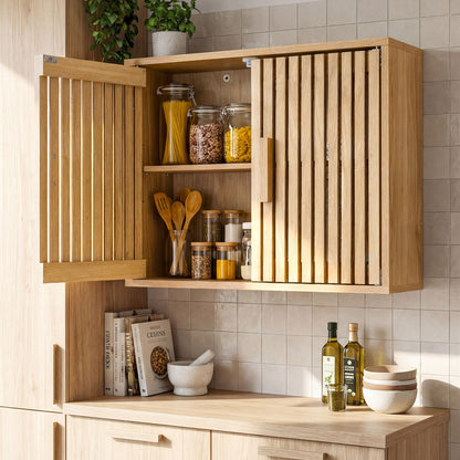 Bathroom Wall Cabinet with Slatted Doors and Adjustable Shelves-Natural