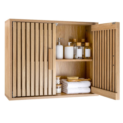 Bathroom Wall Cabinet with Slatted Doors and Adjustable Shelves-Natural