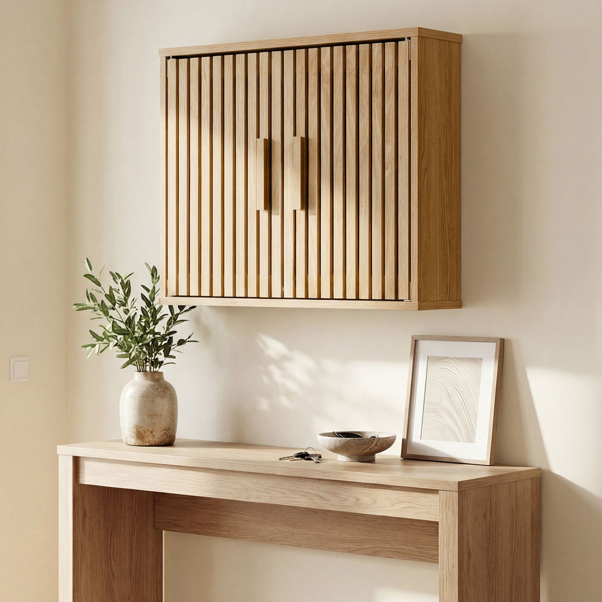 Bathroom Wall Cabinet with Slatted Doors and Adjustable Shelves-Natural