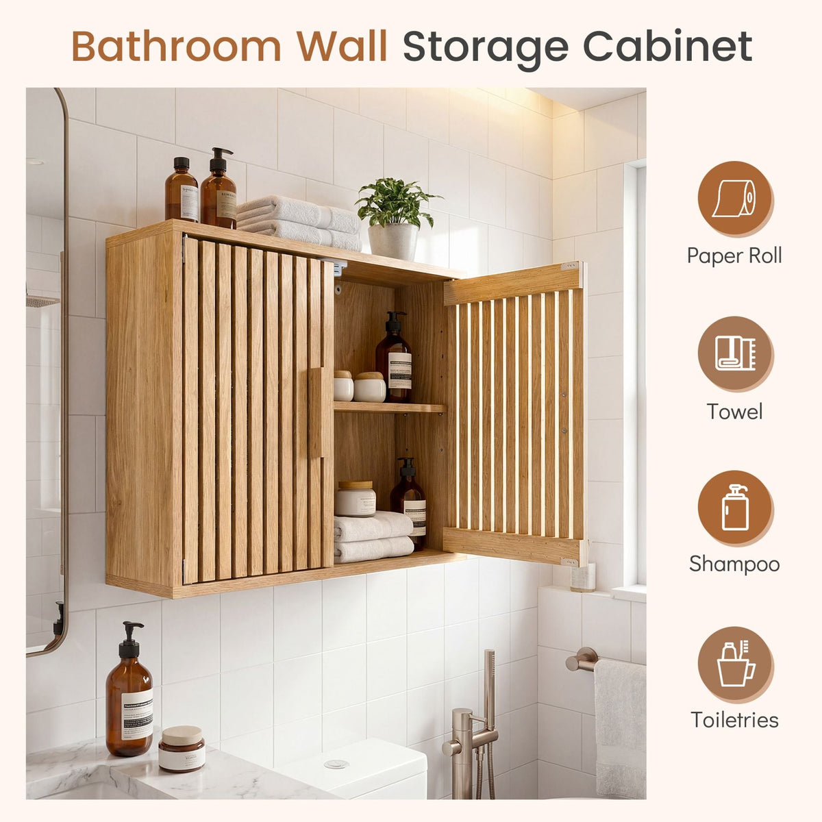 Bathroom Wall Cabinet with Slatted Doors and Adjustable Shelves-Natural