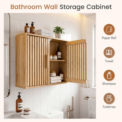 Bathroom Wall Cabinet with Slatted Doors and Adjustable Shelves-Natural