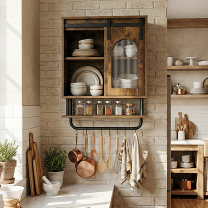 Bathroom Wall Cabinet with Sliding Barn Door and Metal Hanging Bar-Rustic Brown