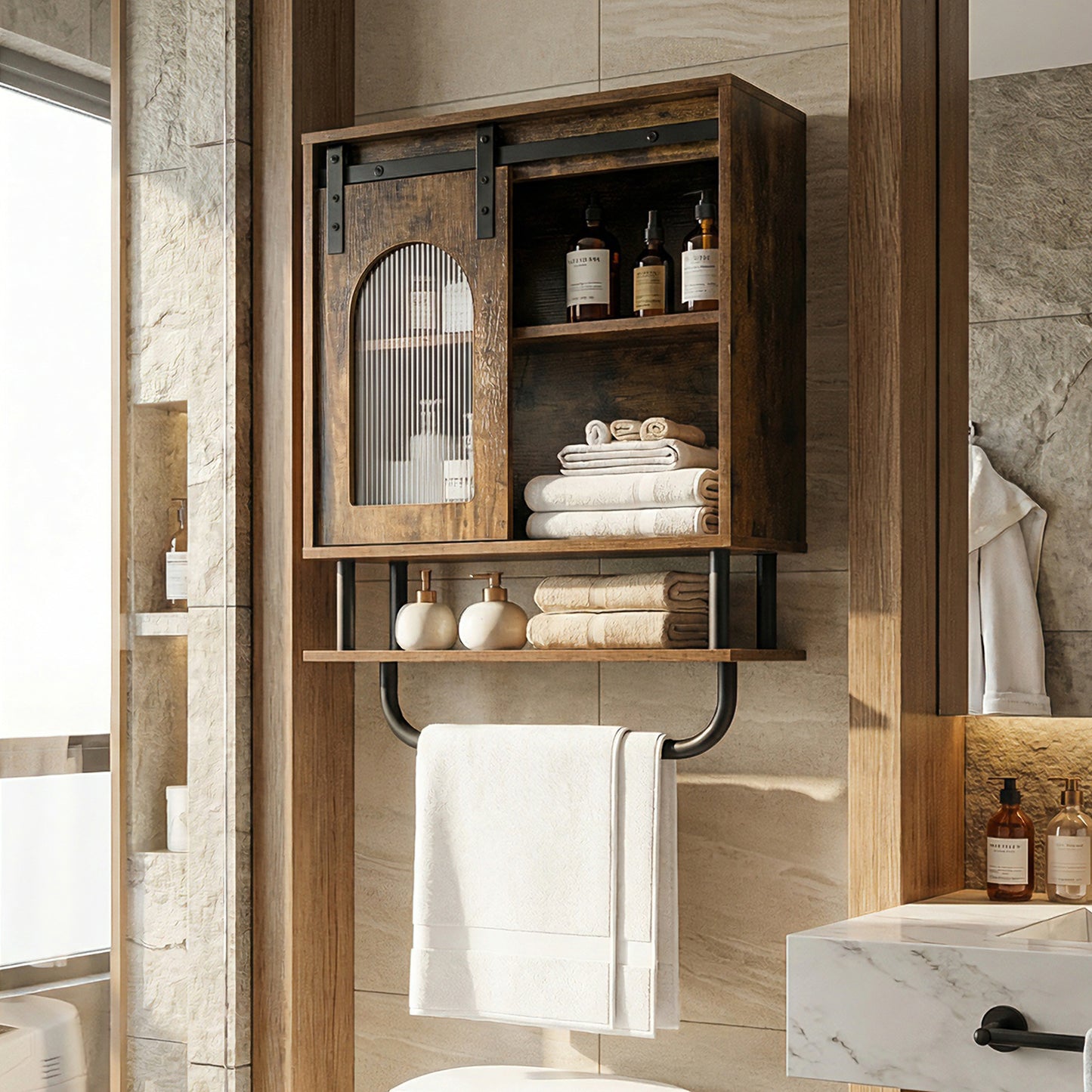 Bathroom Wall Cabinet with Sliding Barn Door and Metal Hanging Bar-Rustic Brown