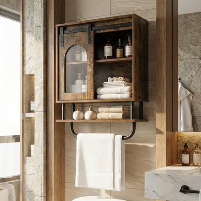 Bathroom Wall Cabinet with Sliding Barn Door and Metal Hanging Bar-Rustic Brown
