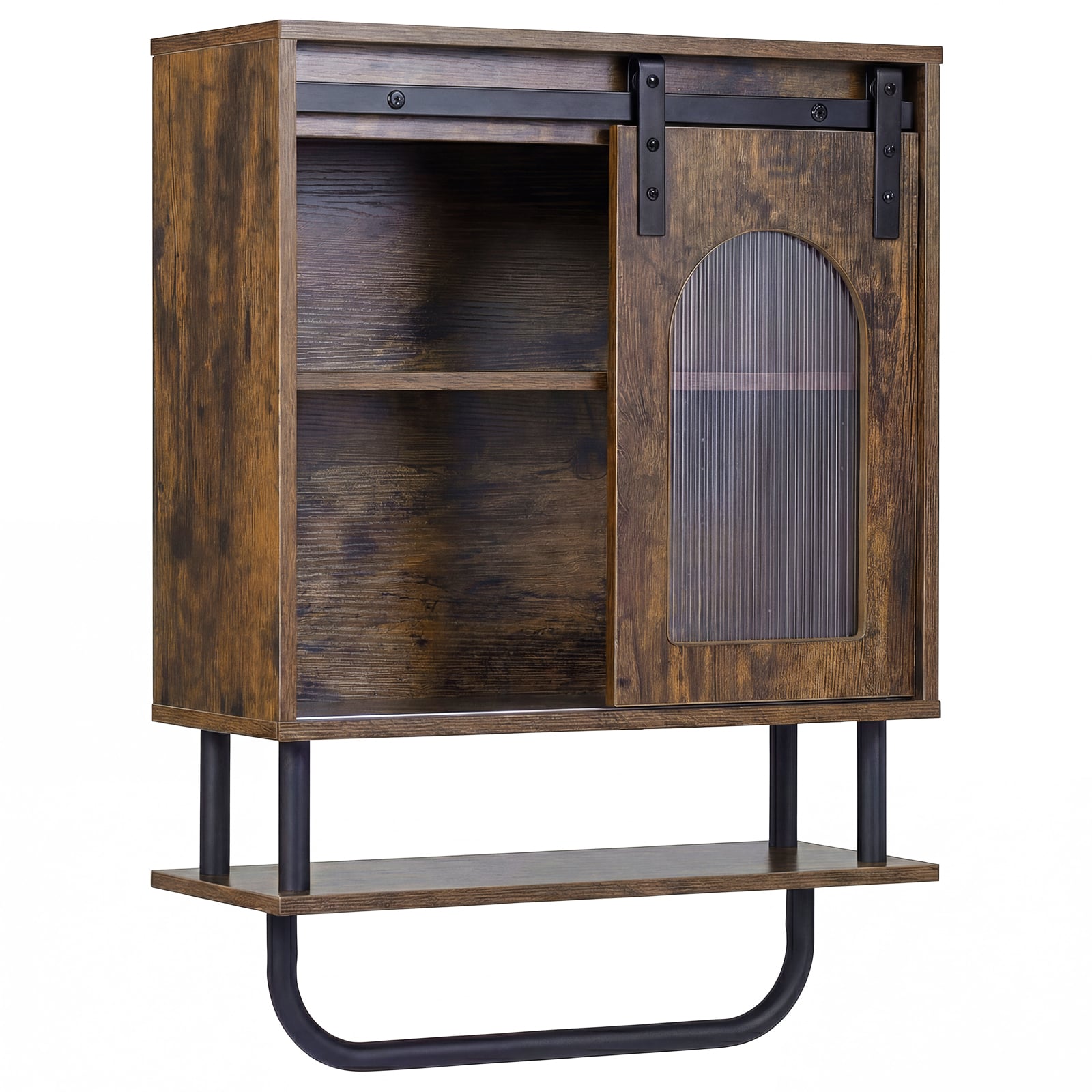 Bathroom Wall Cabinet with Sliding Barn Door and Metal Hanging Bar-Rustic Brown