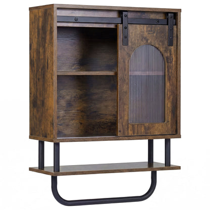 Bathroom Wall Cabinet with Sliding Barn Door and Metal Hanging Bar-Rustic Brown