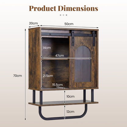 Bathroom Wall Cabinet with Sliding Barn Door and Metal Hanging Bar-Rustic Brown