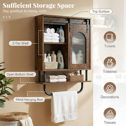 Bathroom Wall Cabinet with Sliding Barn Door and Metal Hanging Bar-Rustic Brown