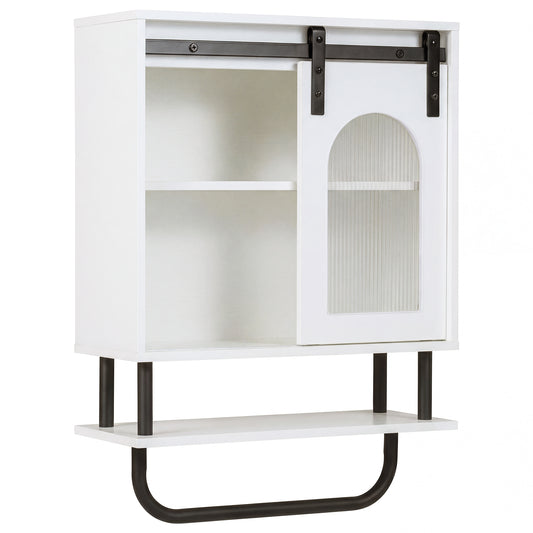Bathroom Wall Cabinet with Sliding Barn Door and Metal Hanging Bar-White