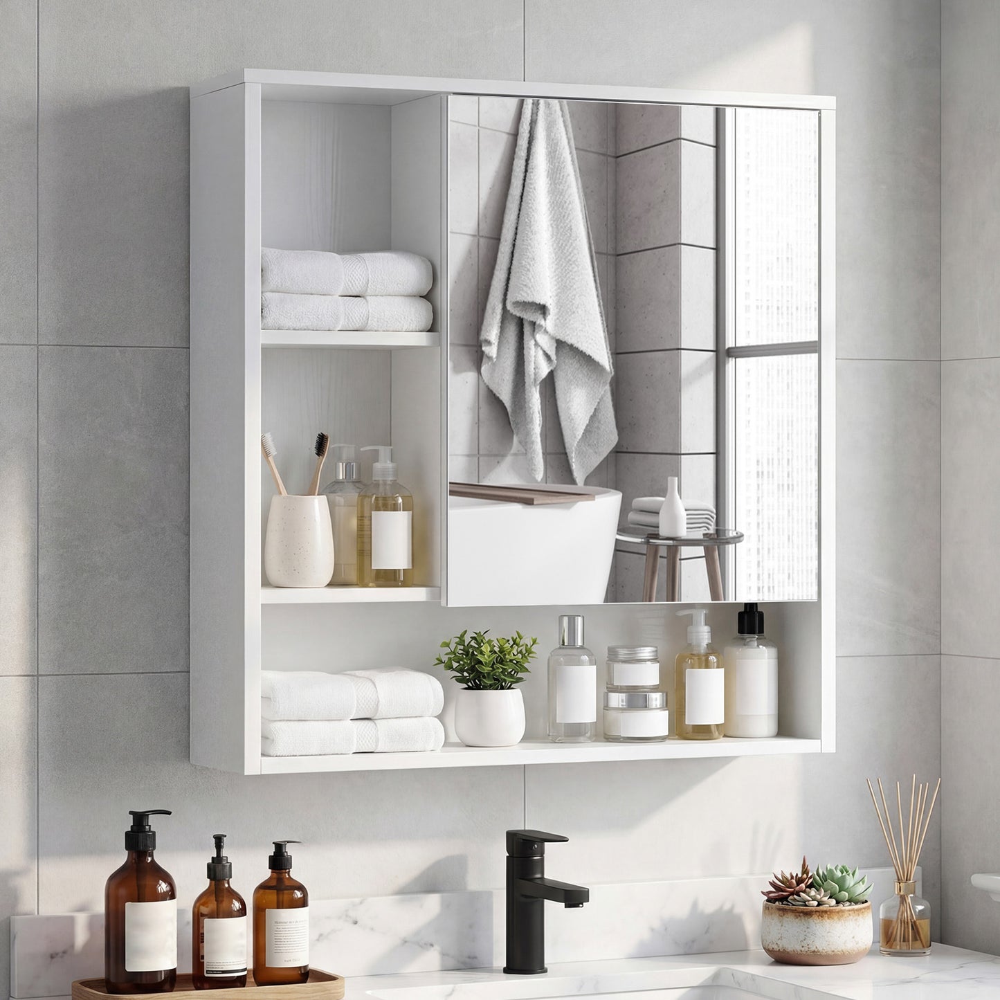 Bathroom Wall Mirror Cabinet with Single Door and 3 Open Shelves-White