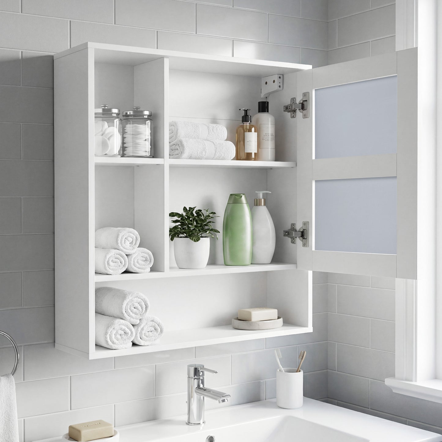 Bathroom Wall Mirror Cabinet with Single Door and 3 Open Shelves-White