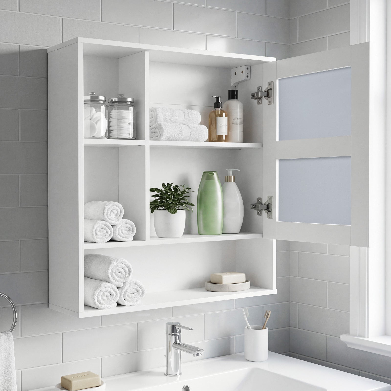 Bathroom Wall Mirror Cabinet with Single Door and 3 Open Shelves-White