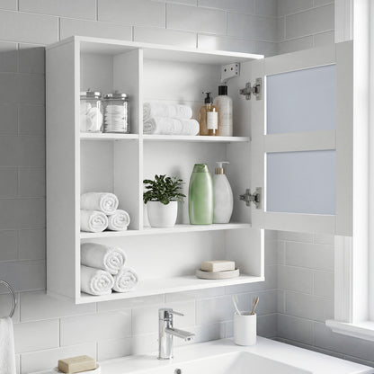 Bathroom Wall Mirror Cabinet with Single Door and 3 Open Shelves-White