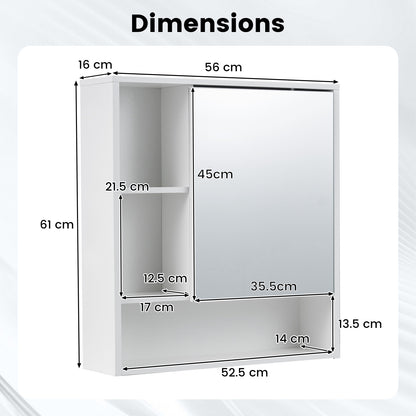 Bathroom Wall Mirror Cabinet with Single Door and 3 Open Shelves-White