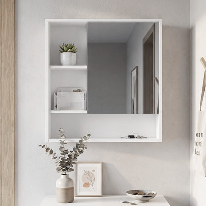 Bathroom Wall Mirror Cabinet with Single Door and 3 Open Shelves-White