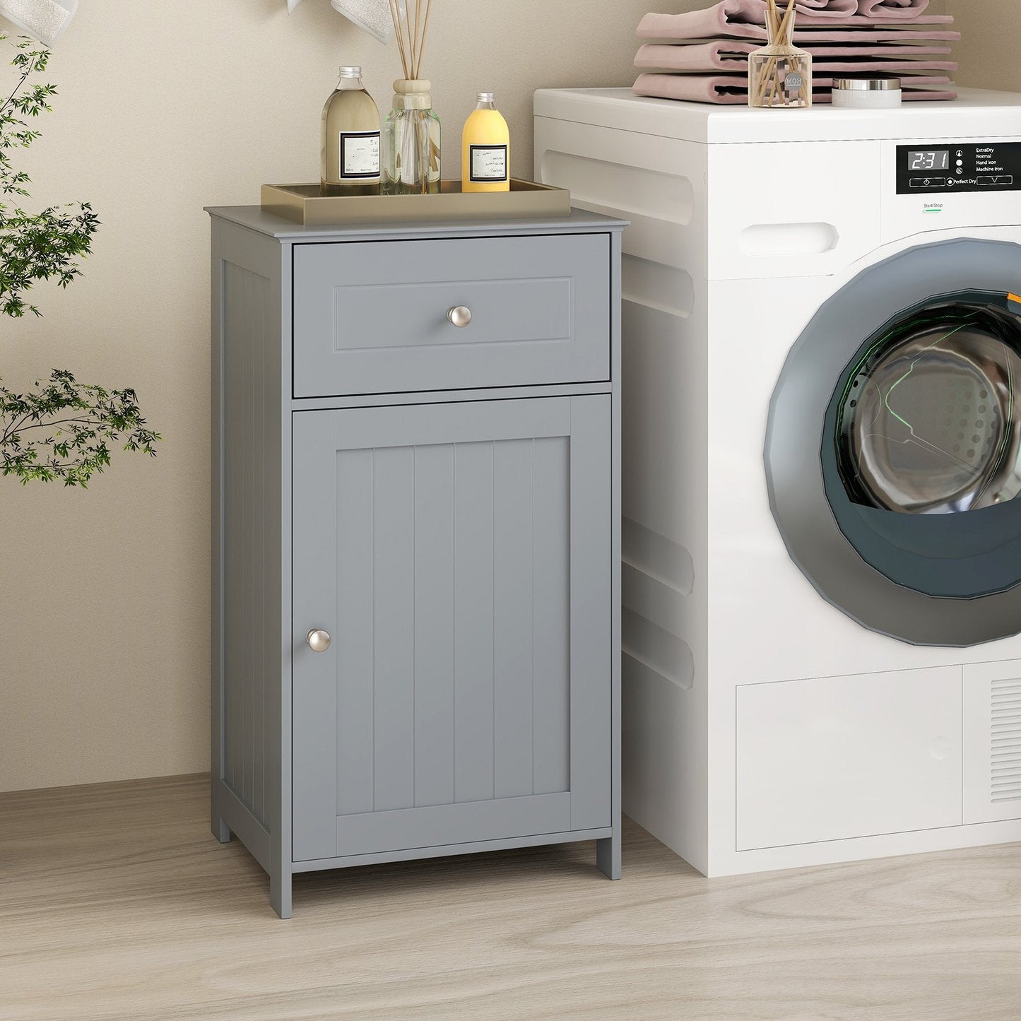 Bathroom Cabinet Floor Organizer with Single Door and Drawer-Grey