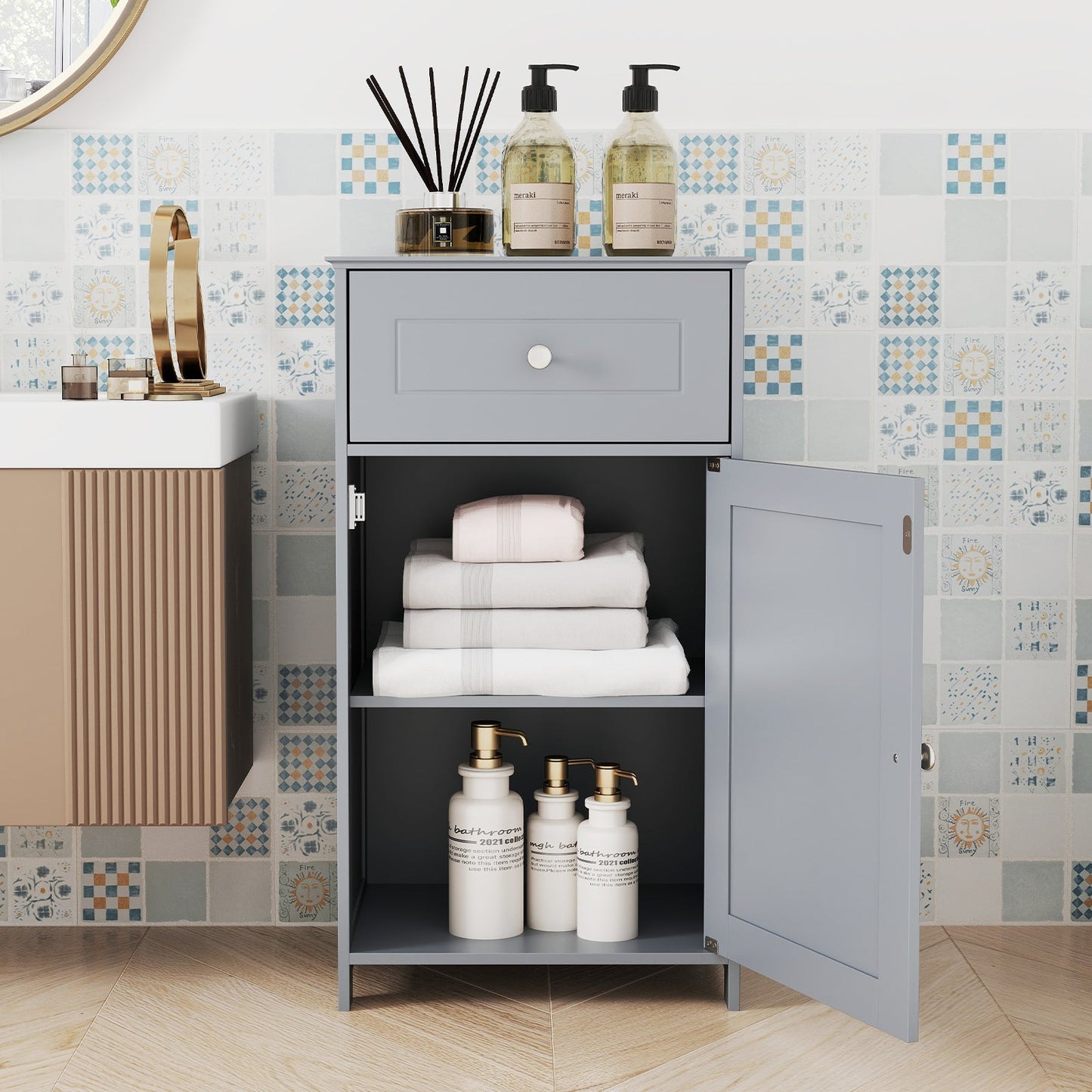 Bathroom Cabinet Floor Organizer with Single Door and Drawer-Grey