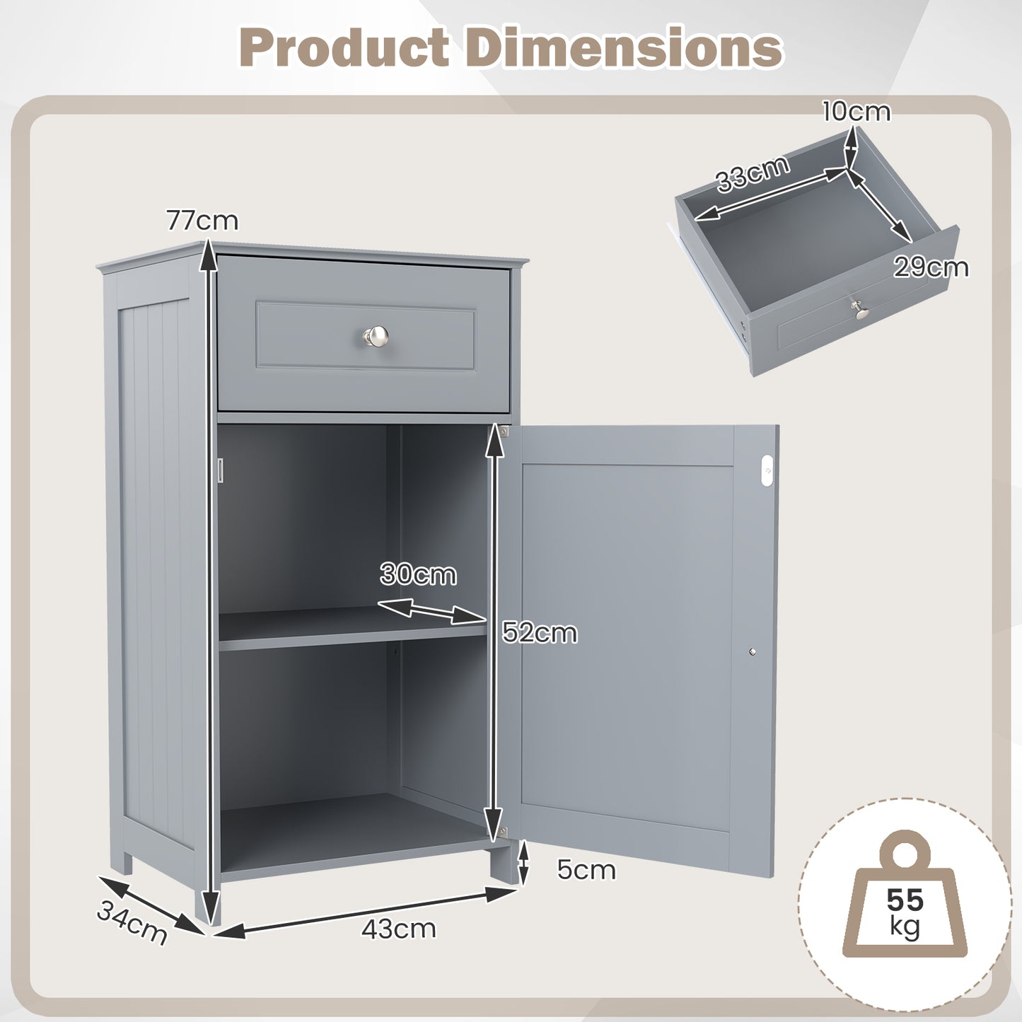 Bathroom Cabinet Floor Organizer with Single Door and Drawer-Grey
