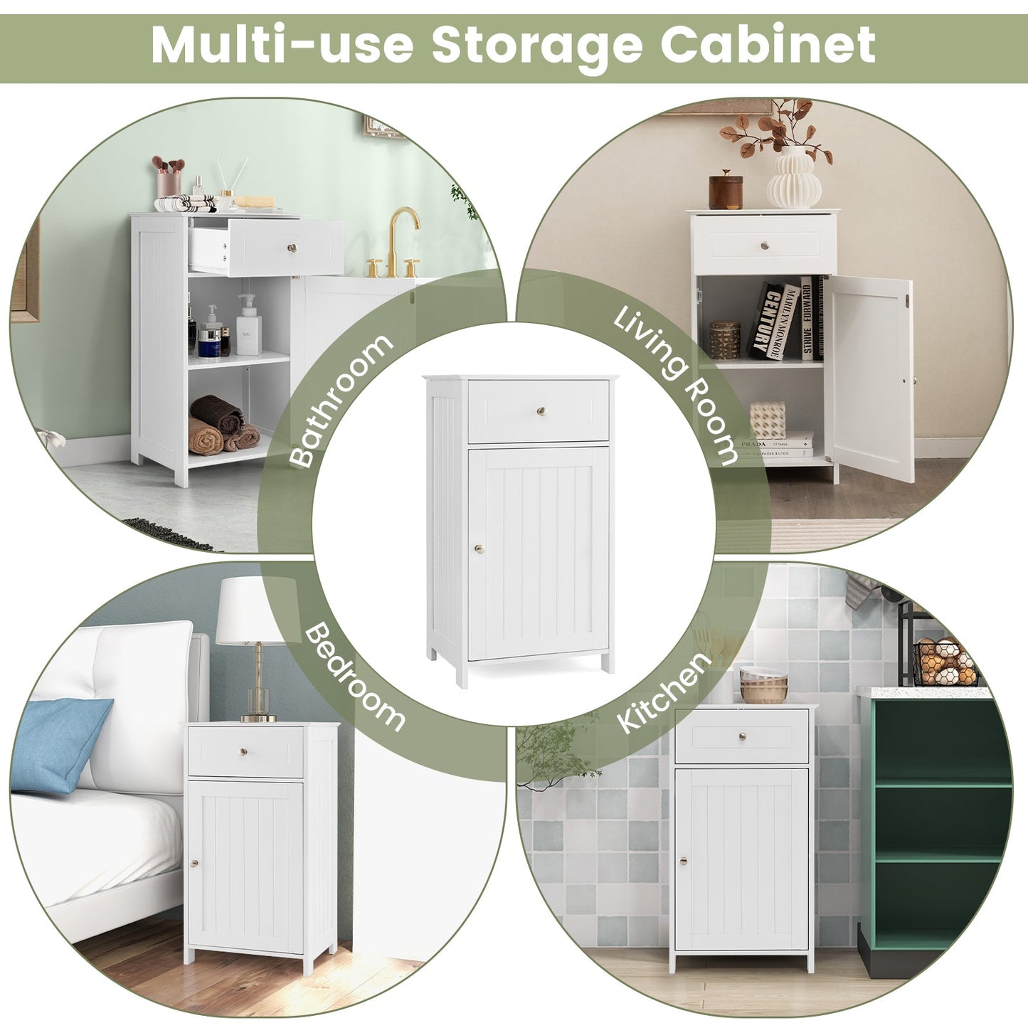 Bathroom Cabinet Floor Organizer with Single Door and Drawer-White