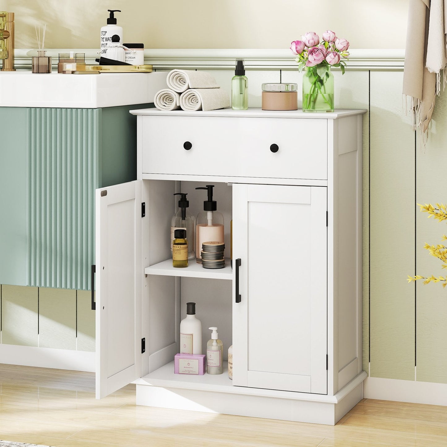 Bathroom Floor Cabinet with Doors Modern Buffet Sideboard-White