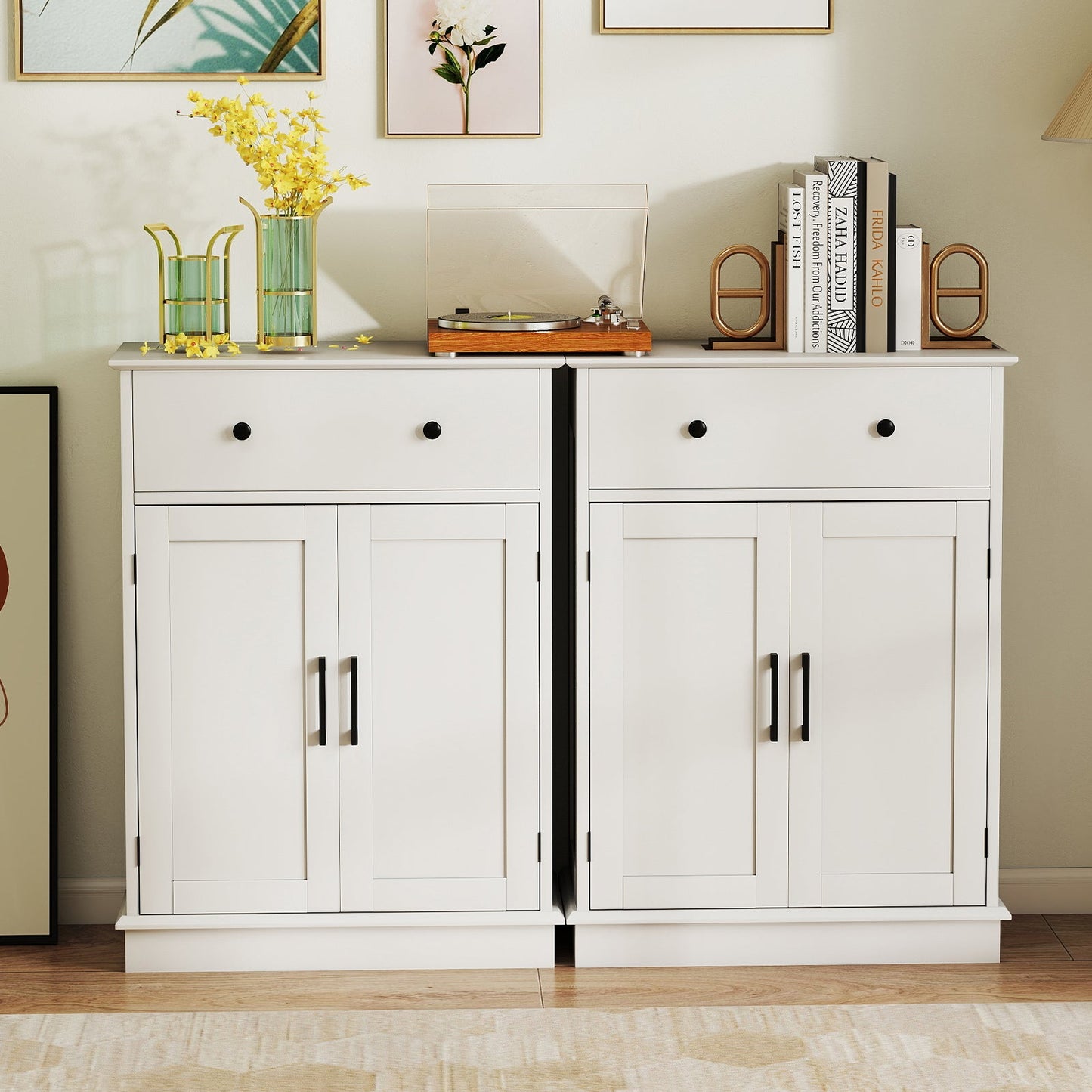 Bathroom Floor Cabinet with Doors Modern Buffet Sideboard-White
