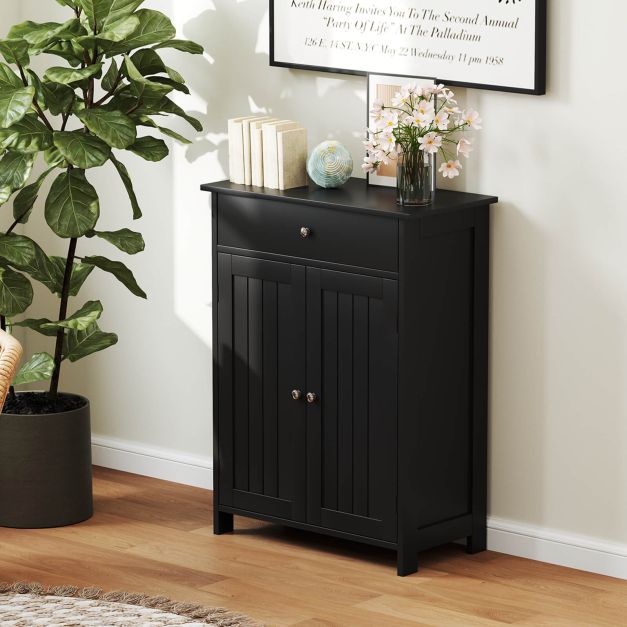 Bathroom Floor Cabinet Freestanding Storage Organizer with 2 Doors-Black