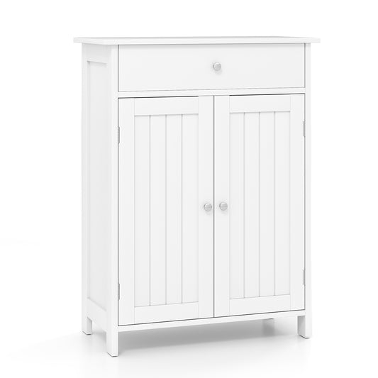 Bathroom Floor Cabinet 2-Door with Drawer and Adjustable Shelf-White