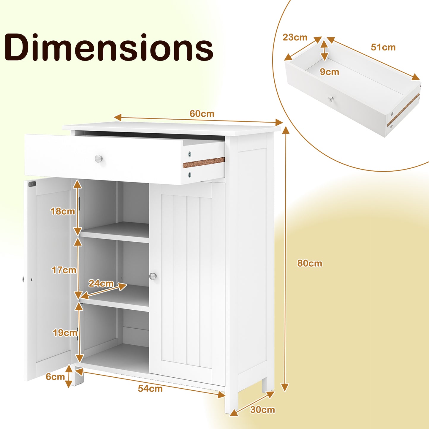 Bathroom Floor Cabinet 2-Door with Drawer and Adjustable Shelf-White