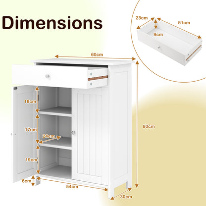 Bathroom Floor Cabinet 2-Door with Drawer and Adjustable Shelf-White